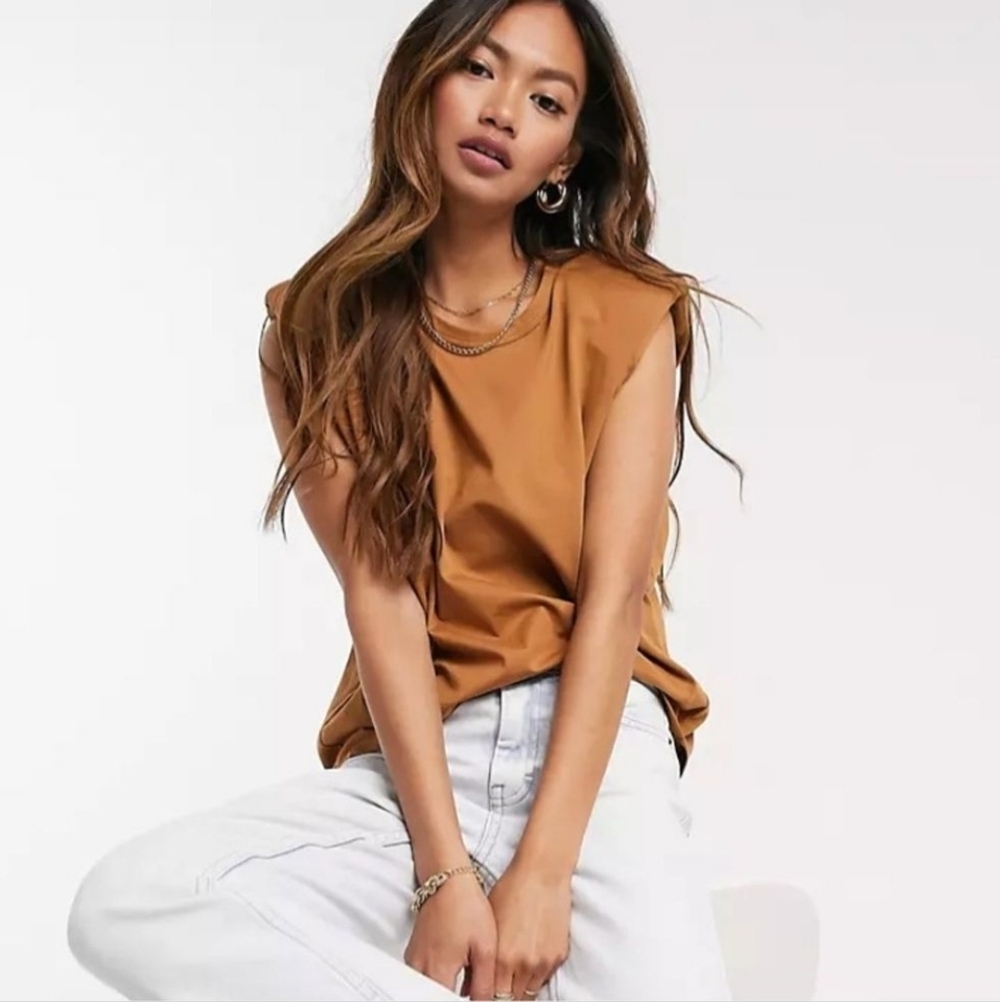 Mango Crewneck Shirt Padded Shoulder Top Orange Brown Size Small
